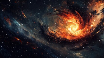 A vibrant cosmic swirl depicting a galaxy with fiery colors and starry background.