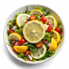 cold mangal salad with lemon slice with white background