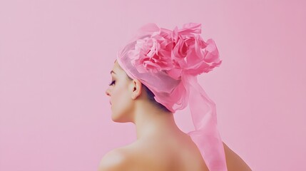 Naklejka premium A woman in a pink flower hat looks off to the side against a pink background.
