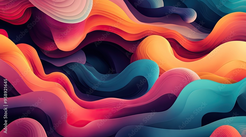 Poster bright, fluid 3d shapes in swirling patterns, with a mix of warm and cool colors creating a balanced