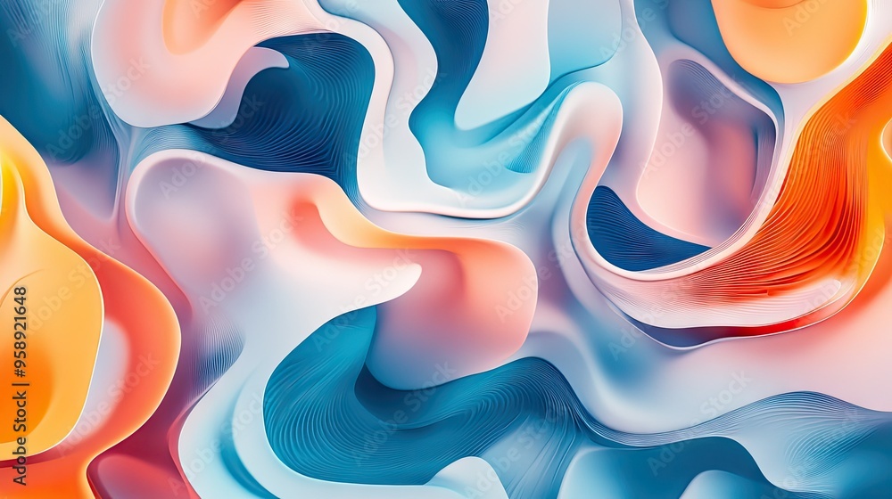 Poster bright, fluid 3d shapes in swirling patterns, with a mix of warm and cool colors creating a balanced