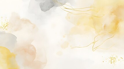 Soft watercolor background in pastel yellow and pale grey, overlaid with elegant gold line art and subtle paintbrush effects