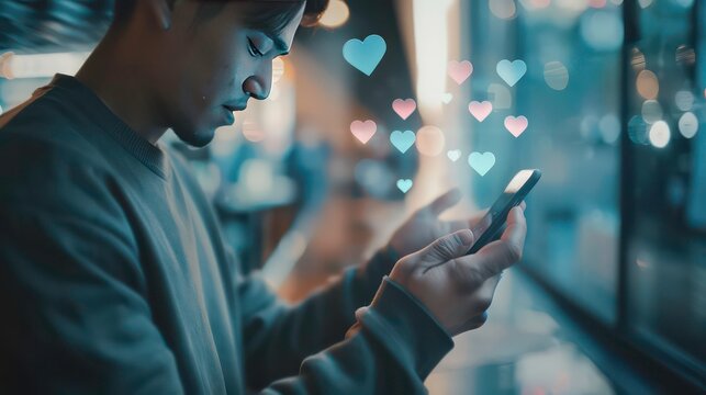 A young man looks intently at his phone, with hearts floating above it.