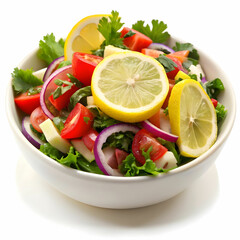 cold mangal salad with lemon slice with white background