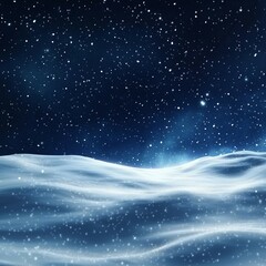 Snow covered rolling hills under a dark night sky filled with stars and snowflakes on a calm winter evening