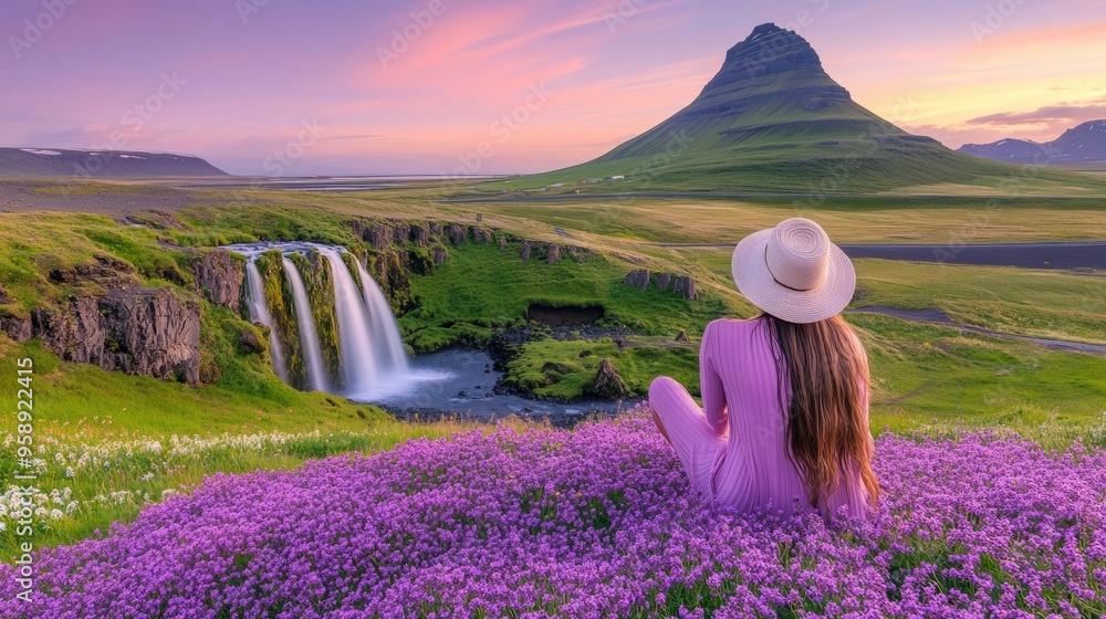 Sticker A woman sitting on a purple flower field with waterfall in the background, AI