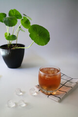 Ice tea with ice cubes on the side, isolated on white background. Iced tea is a refreshing beverage made by brewing tea and then cooling it, typically served over ice.
