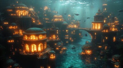 Fototapeta premium Fantasy underwater city glowing buildings and sea creatures