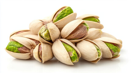 Fototapeta premium Image showing a heap of pistachios with their shells partially opened, revealing the green nuts inside. The close-up view emphasizes the texture and intricate details.