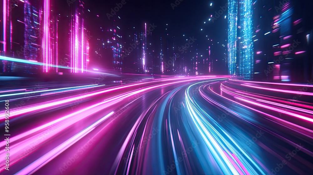 Poster city background with flowing abstract light trails, creating a fusion of neon colors and motion for 