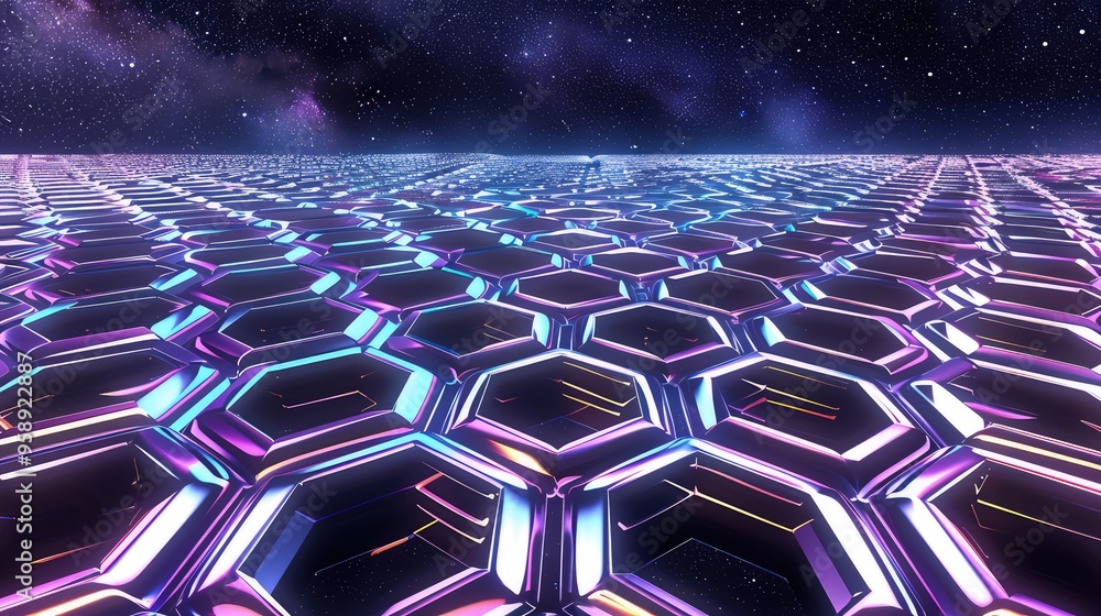 Poster a seamless pattern of interlocking holographic hexagons, glowing with an iridescent light, set again