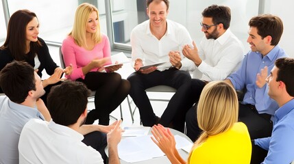 Fototapeta premium A group of diverse business professionals gather for a meeting, engaging in conversation and brainstorming ideas.