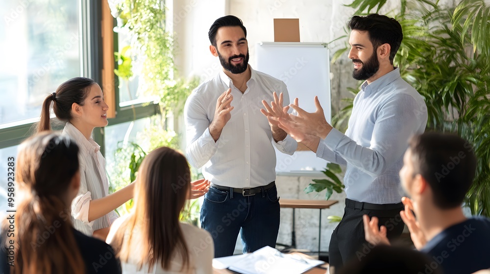 Canvas Prints Two male business professionals lead a group discussion, sharing ideas and insights in a bright office space.