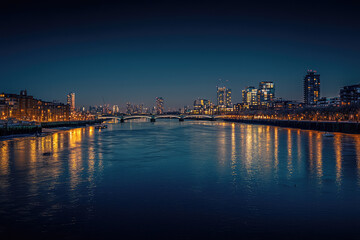 A Tranquil Evening on the Thames: City Lights Reflect on the Water's Surface
