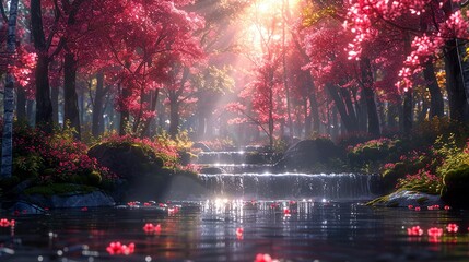 Fototapeta premium A magical forest scene with a cascading waterfall, surrounded by vibrant pink trees, illuminated by a golden sunbeam.