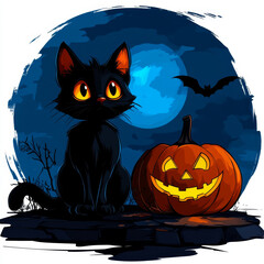 A black cat with orange eyes sits next to a jack-o'-lantern under a full blue moon with a bat flying in the night sky.