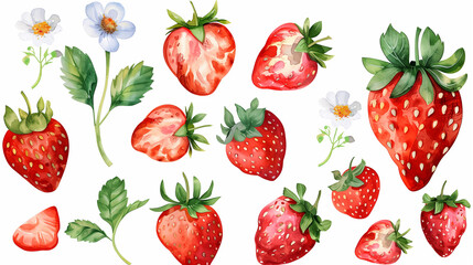 Watercolor illustrations of strawberries, leaves, and flowers.