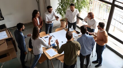 A diverse group of coworkers gather around a table in a modern office, discussing ideas and plans.
