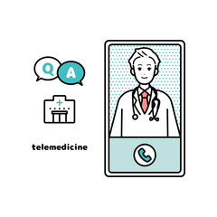 病院にオンライン相談・診断をするイラスト　スマートフォン