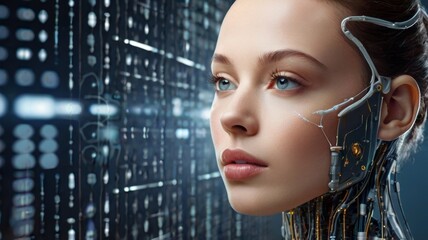 close up portrait of female cyborg with artificial intelligence on gray background Artificial intelligence project.
