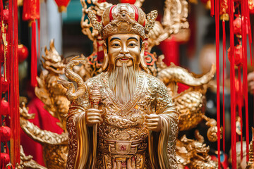 Fototapeta premium A Golden Statue of the Chinese God of Prosperity, a symbol of wealth and good fortune, stands amidst vibrant red lanterns and intricate details.
