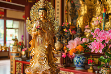 Fototapeta premium Mazu, the Sea Goddess: A Golden Statue in a Temple Setting