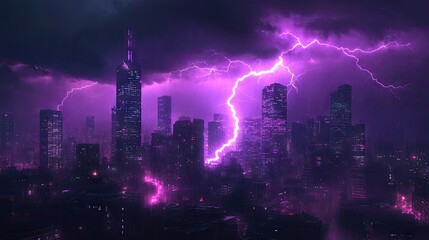 Obraz premium City skyline in the midst of a storm, with purple lightning bolts dramatically lighting up the night sky, highlighting the urban landscape with an intense glow.