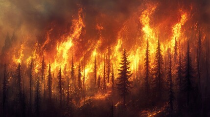 Fototapeta premium A burning forest with towering flames and thick smoke, highlighting the devastation of a wildfire spreading through the trees