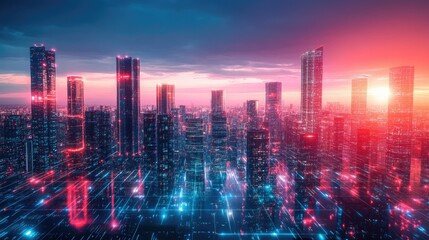 Fototapeta premium City skyline with futuristic architecture illuminated by neon lights and digital effects. Panoramic view capturing the essence of modern technology.