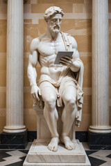 An ancient Greek statue holding a tablet on a museum background, Generative AI