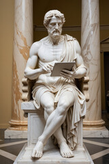 An ancient Greek statue holding a tablet on a museum background, Generative AI
