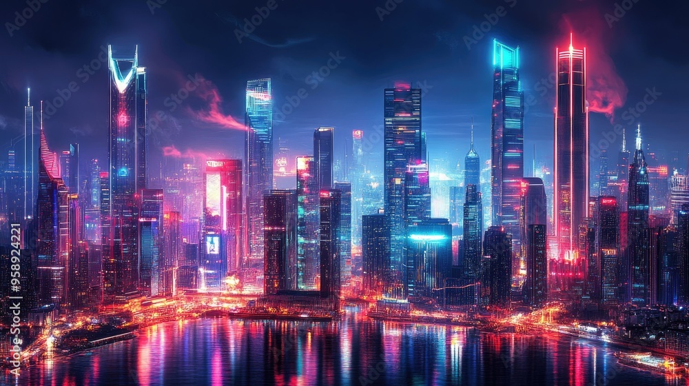 Poster city skyline with futuristic architecture illuminated by neon lights and digital effects. panoramic 