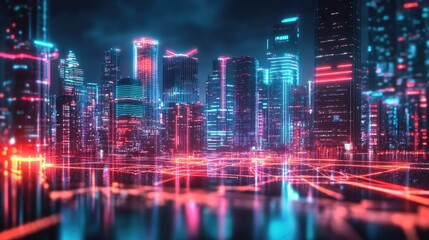 City skyline with futuristic architecture illuminated by neon lights and digital effects. Panoramic view capturing the essence of modern technology.