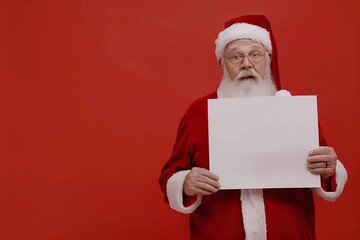 An elderly man Santa Claus holding a blank piece of paper, on a solid red background. Christmas Events Advertisement. AI generated