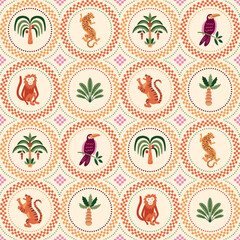 Naklejka premium Summer checkered geometric tropical pattern. Cute vector palm trees, jungle animal, round elements, tropical leaves, jaguar, tiger, toucan, monkey. Repeat design, fabric textile, wallpaper, background