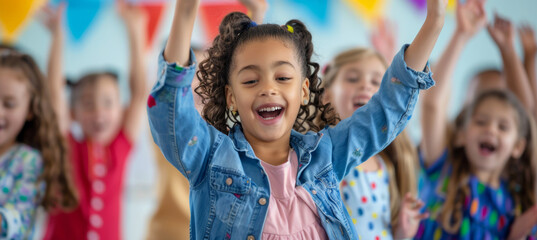 Fototapeta premium Joyful Children Participating in School Talent Show, Dancing and Applauding with Enthusiasm