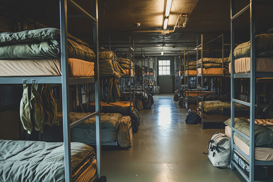Rows of Bunk Beds Line a Military Barracks, a Glimpse into the Lives of Those Who Serve.