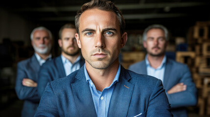 Successful businessman in blue suit is standing with his arms crossed surrounded by his work team. Concept of professionalism and formality in business.