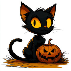 Cartoonish illustration of a black cat with large yellow eyes, sitting next to a jack-o'-lantern, conveying a playful Halloween vibe.