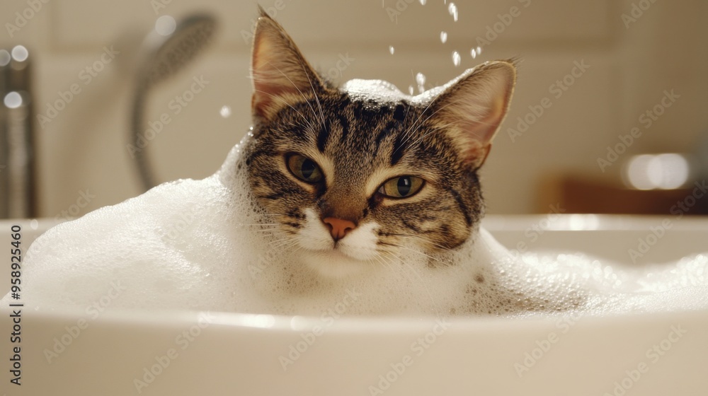 Poster A cat sitting calmly in a bath with soapy water, with a relaxed expression as it is being carefully rinsed.