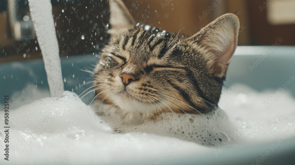 Poster A cat sitting calmly in a bath with soapy water, with a relaxed expression as it is being carefully rinsed.