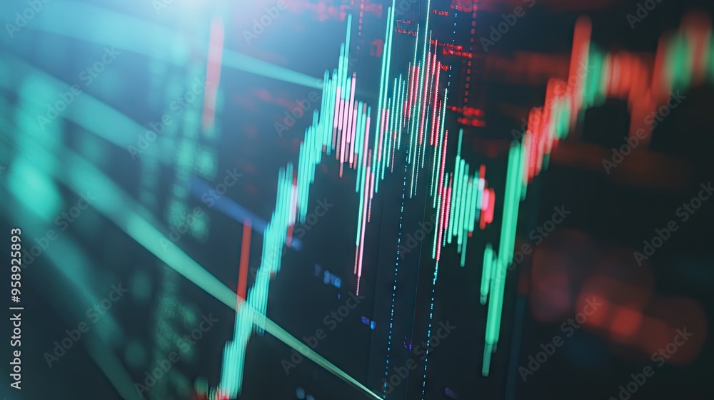 Poster close-up of a computer screen showing a dynamic financial graph with green and red candlesticks, sym