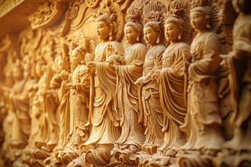 Obraz premium Intricate Deities: A Close-Up of Exquisitely Carved Chinese Gods Adorning a Temple Wall