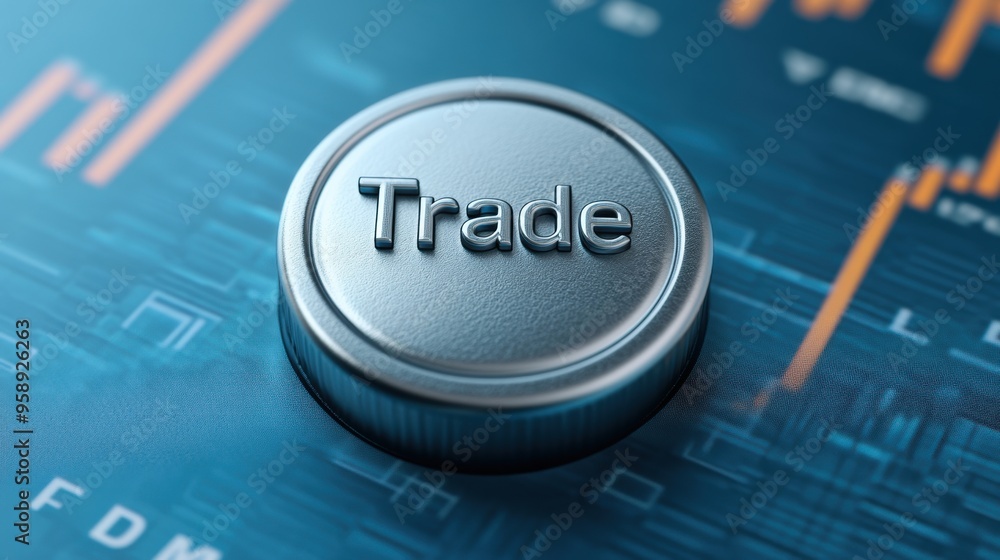 Aufkleber a close up of a button on the trading screen with an arrow pointing to trade, ai