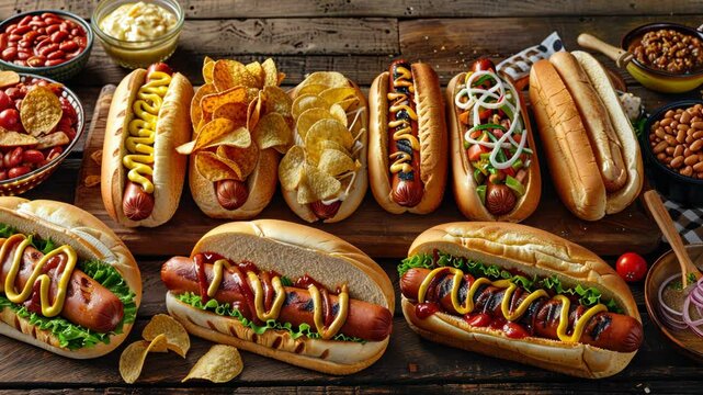 Delicious hot dog spread with toppings and sides for a summer barbecue gathering