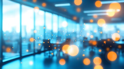 A blurred office interior with glowing bokeh lights, creating a modern and inviting atmosphere.