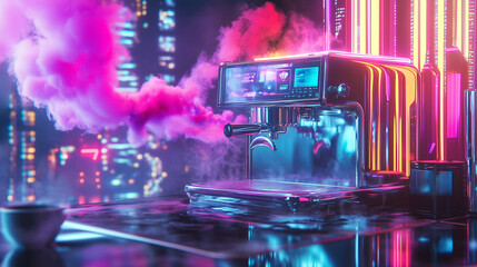 Futuristic Coffee Machine with Neon Lights and Holographic Display in Cyberpunk Style