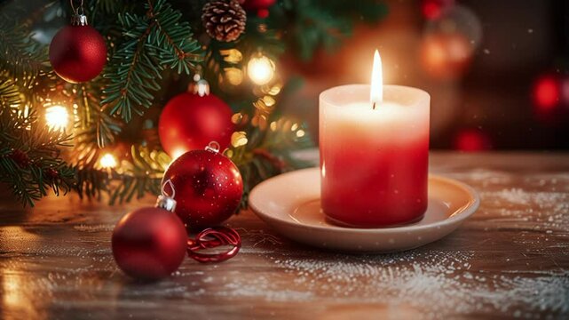 Christmas mood at home with candle at table and light, christmas decorations. seamless looping 4k video background animation
