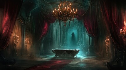 Vampire’s Lair with a Gothic Coffin, Red Drapes, and a Mysterious Shadowy Figure in the Dark