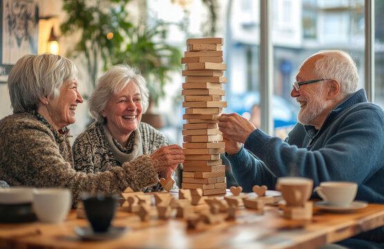 A group of happy elderly friends playing Jenga at the table in coffee shop, having fun and laughing together - Powered by Adobe